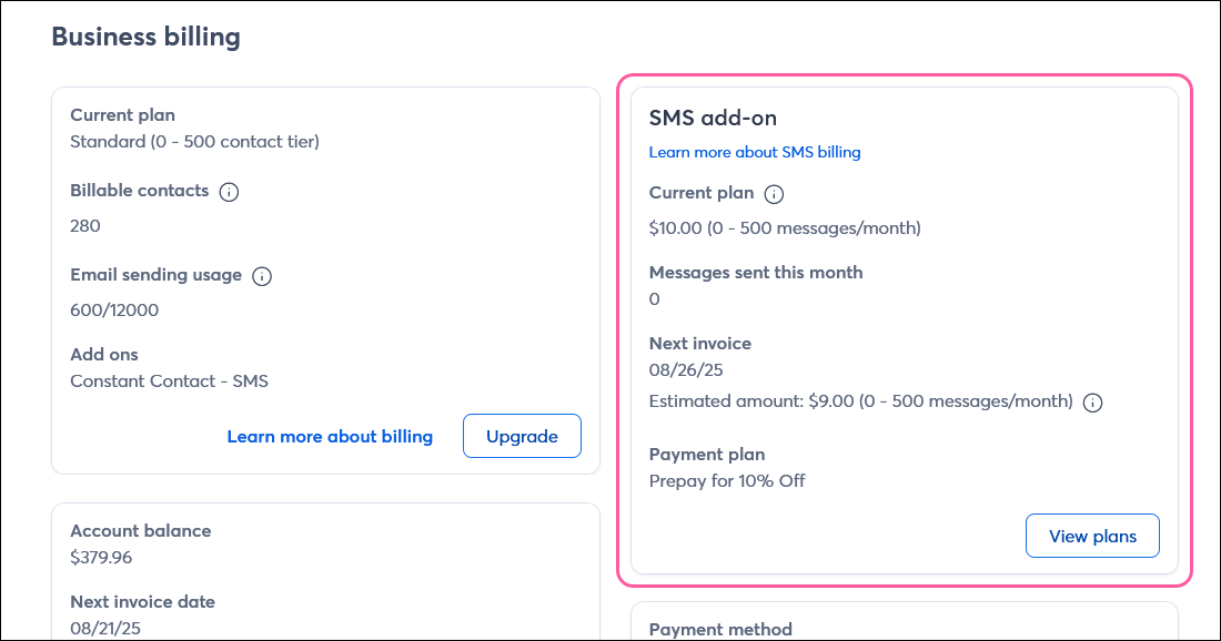 SMS Add-on section