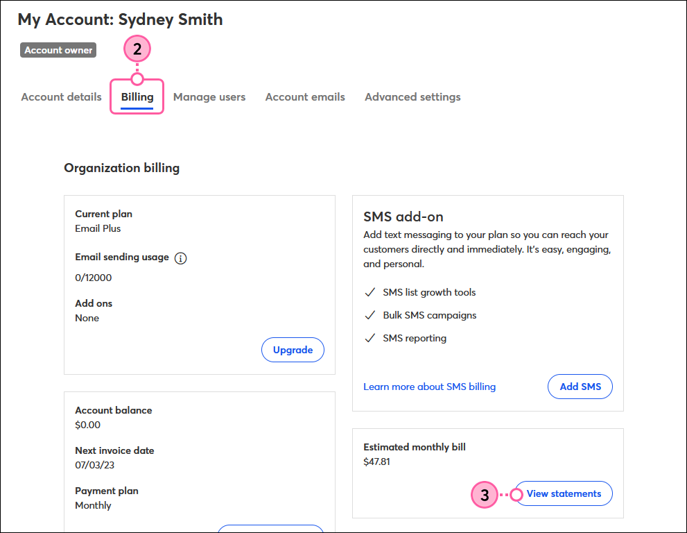 Billing tab and View Statements button