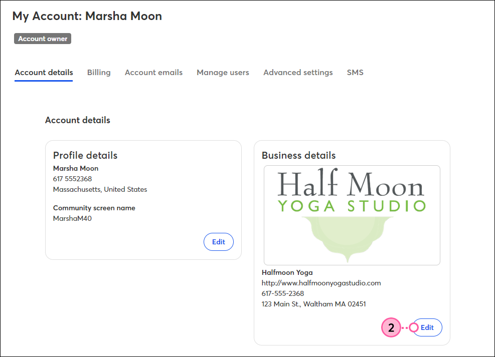 Account Details tab, Business Details section, and Edit button
