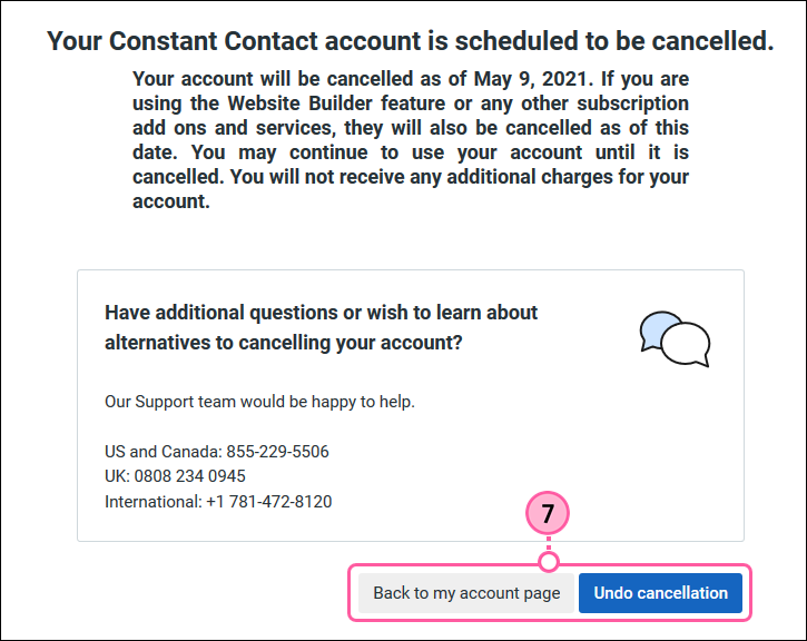 Cancellation confirmation message with the botones Back to mi cuenta y Deshacer cancelación page