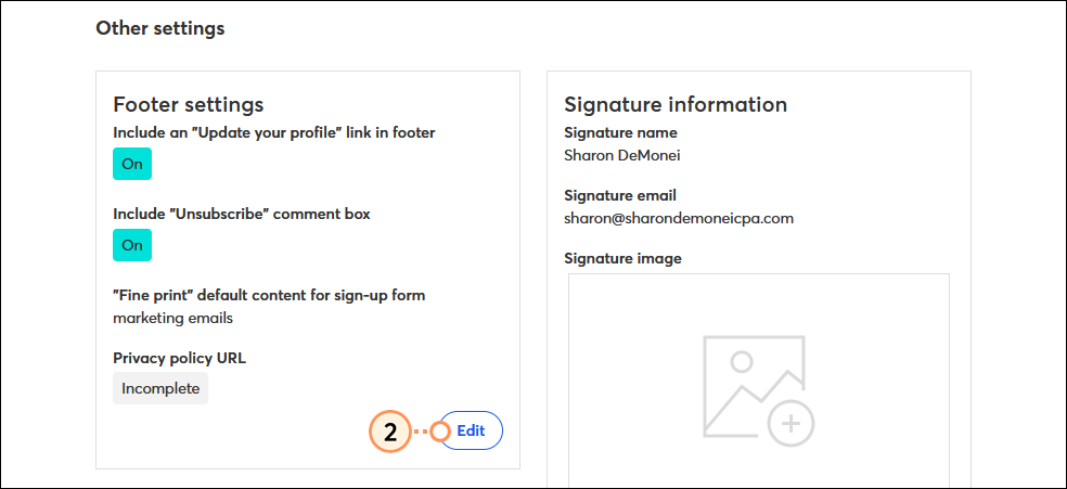 My Account page, Footer settings section, and Edit button