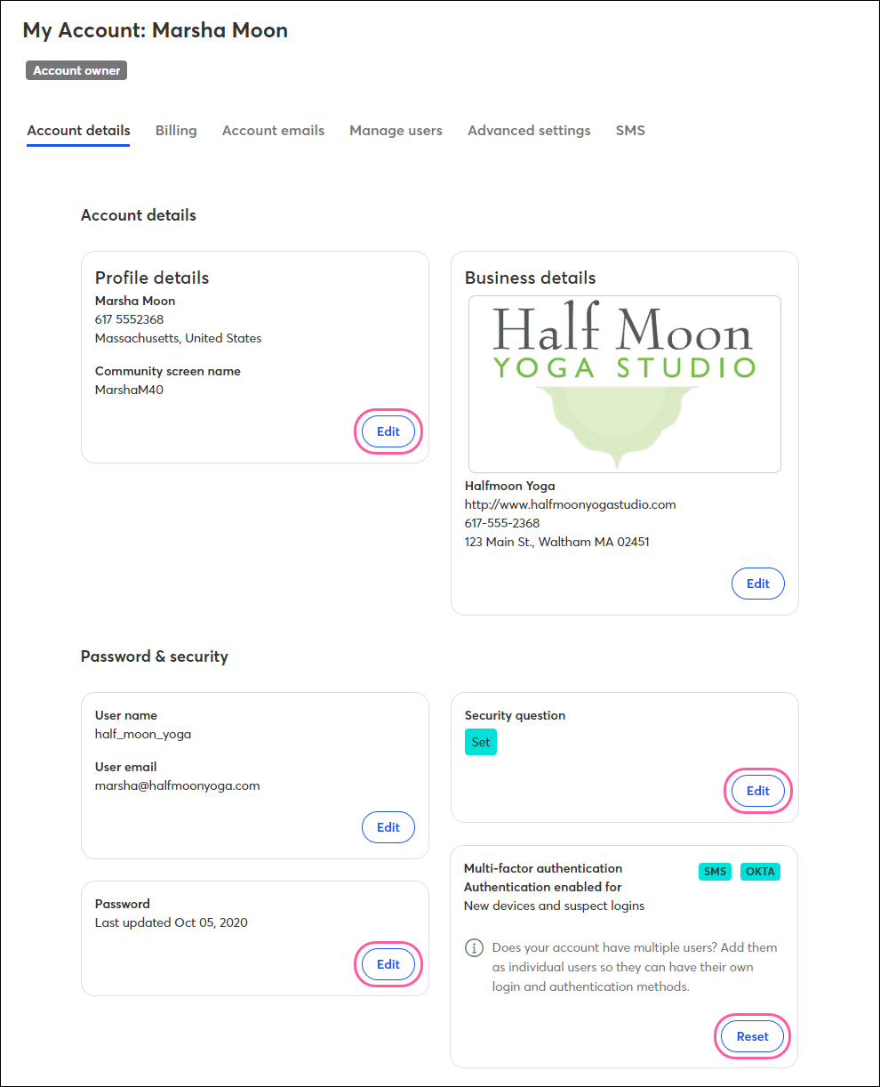 Account Details tab with Edit buttons in Profile Details, Security Question, and Password sections
