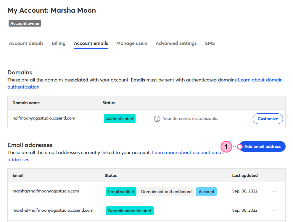 My Account, Account Emails tab, and Add Email Address button