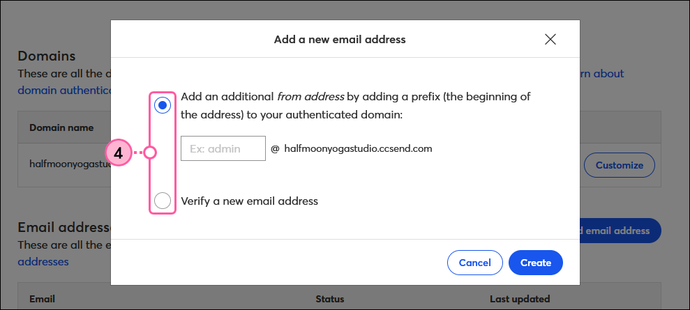 Add New Email Address overlay options