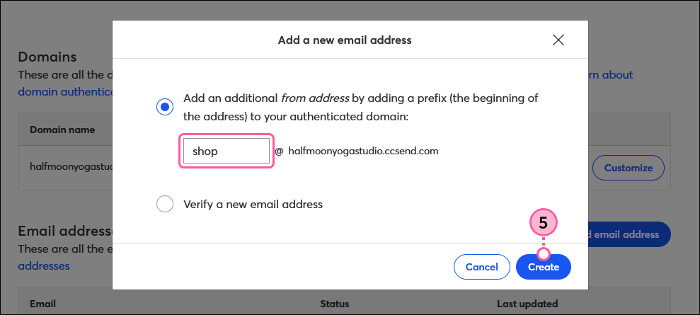 Add New Email Address overlay, Prefix field, and Create button