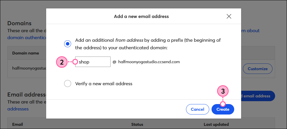 Add New Email Address overlay, Prefix field, and Create button