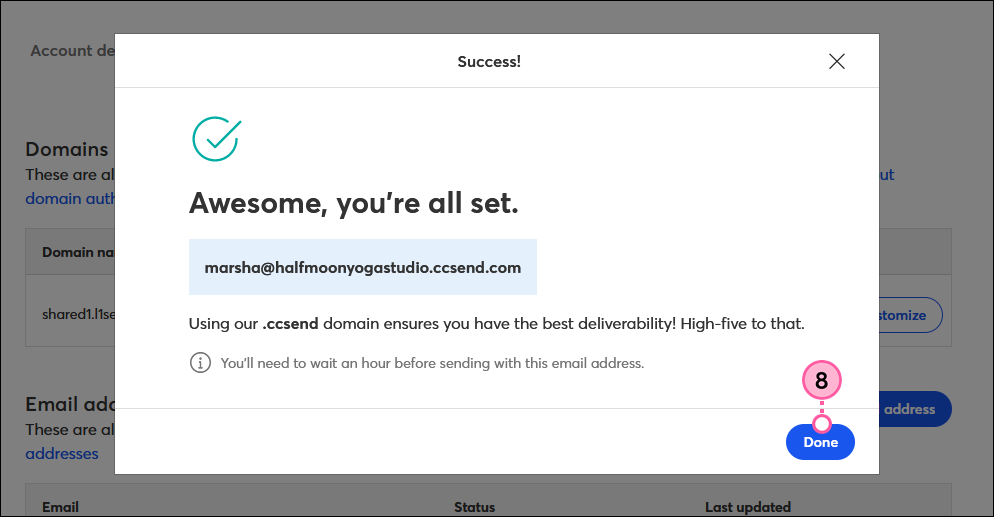 Customized from address success message and Done button