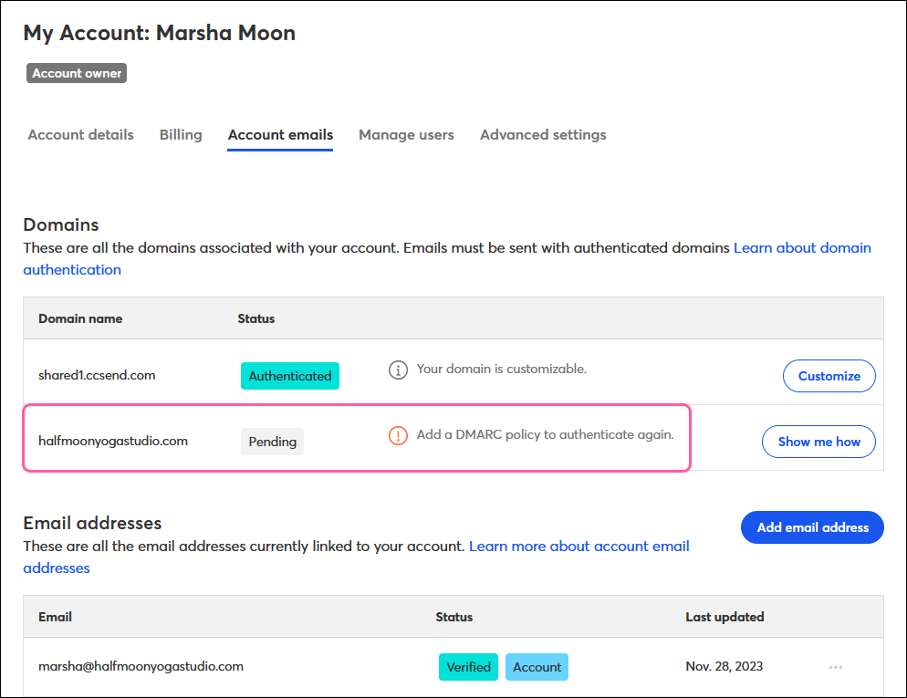 My Account, Account Emails Tab, Domains table, and Pending authentication message
