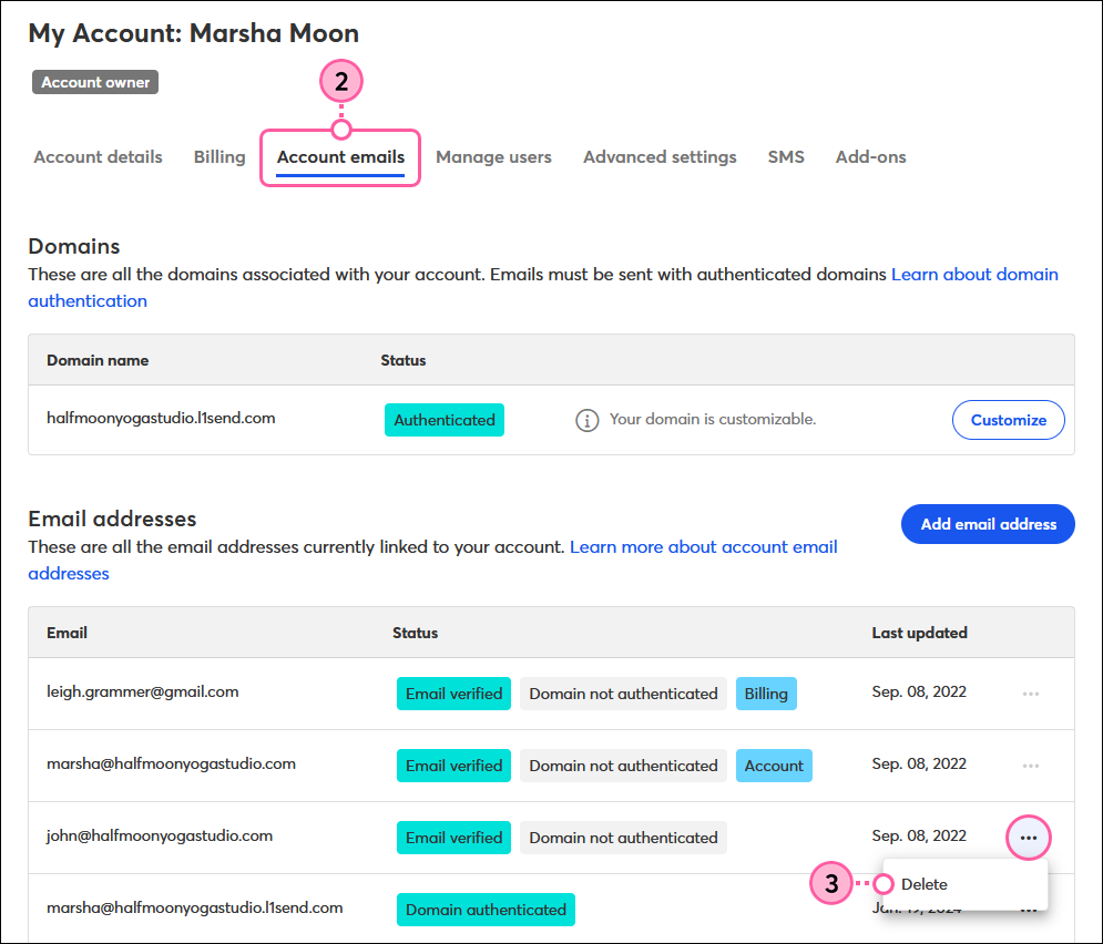 Account Emails tab, Verified Email drop-down, and Delete option