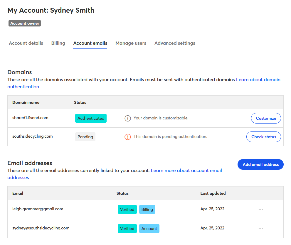 Account Emails tab