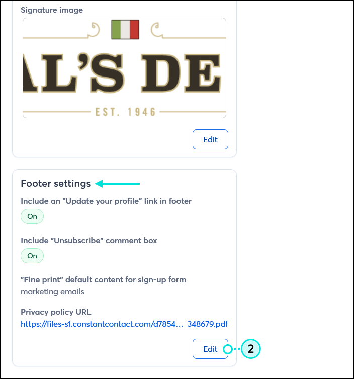 My Account page, Footer settings section, and Edit button