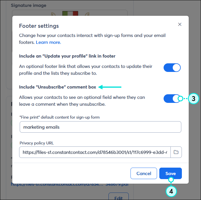 Footer settings overlay with Include Unsubscribe comment box option enabled, and Save button
