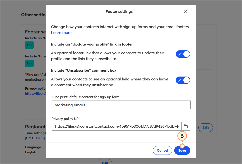 Footer Settings options, Privacy Policy document added, and Save Button