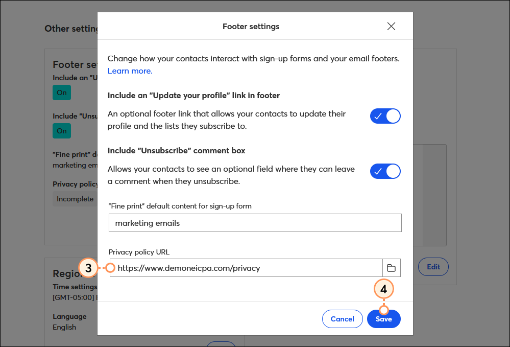 Footer Settings options, Privacy Policy URL field, and Save button