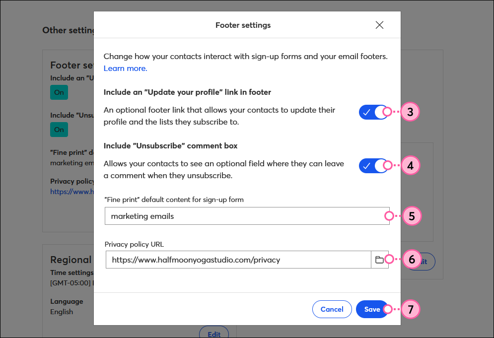 Footer Settings overlay with Update Profile toggle enabled, Unsubscribe comment box toggle enabled, Fine print default content for sign-up form field, Privacy policy URL field, and Save button