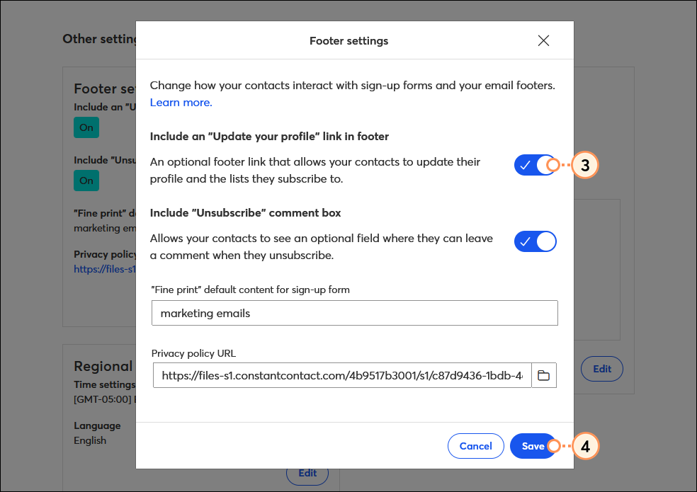 Footer Settings options, Update Profile footer link toggle, and Save button