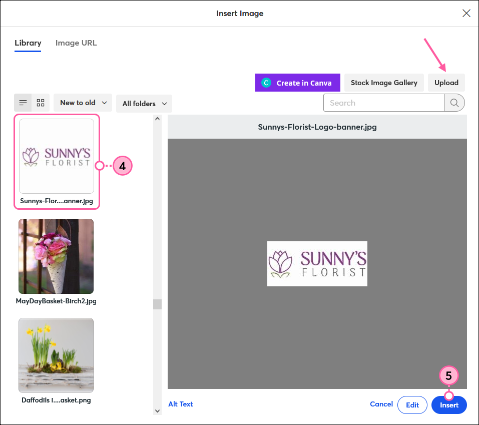 Insert Image overlay with logo selected, Upload button, and Insert button