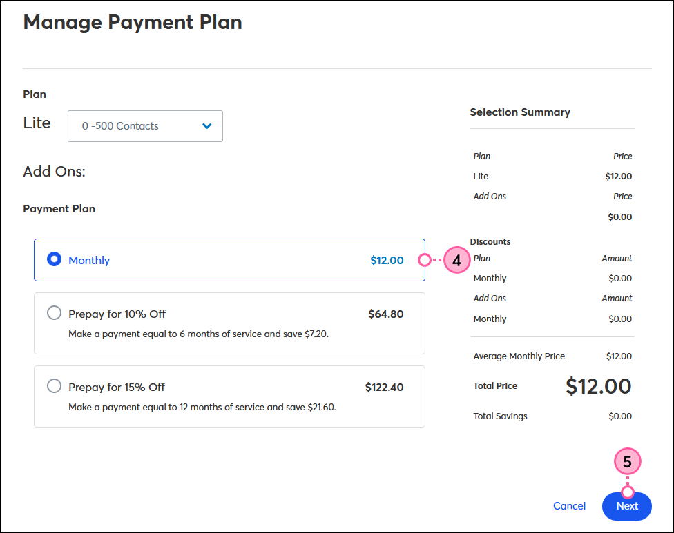 Monthly option and Next button