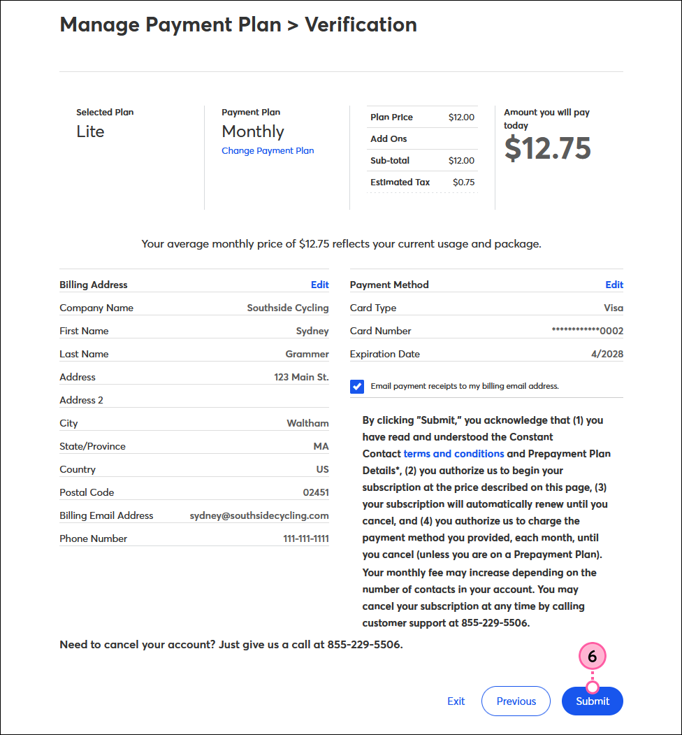 Payment Plan Verification page and Submit button