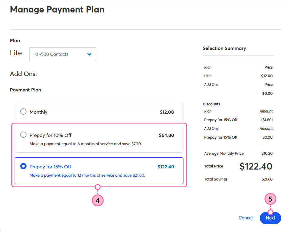 Change to prepay or monthly payments