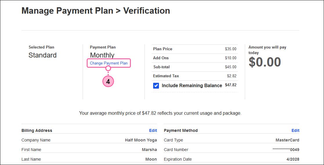 Manage Payment Plan Verification with Change Payment Plan link