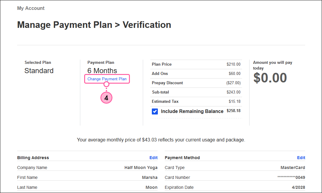 Manage Payment Plan Verification with Change Payment Plan link