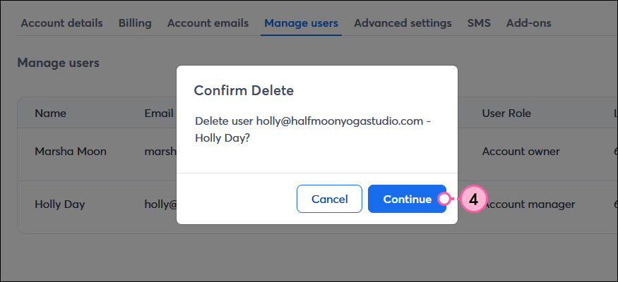Confirm Delete message with Continue button