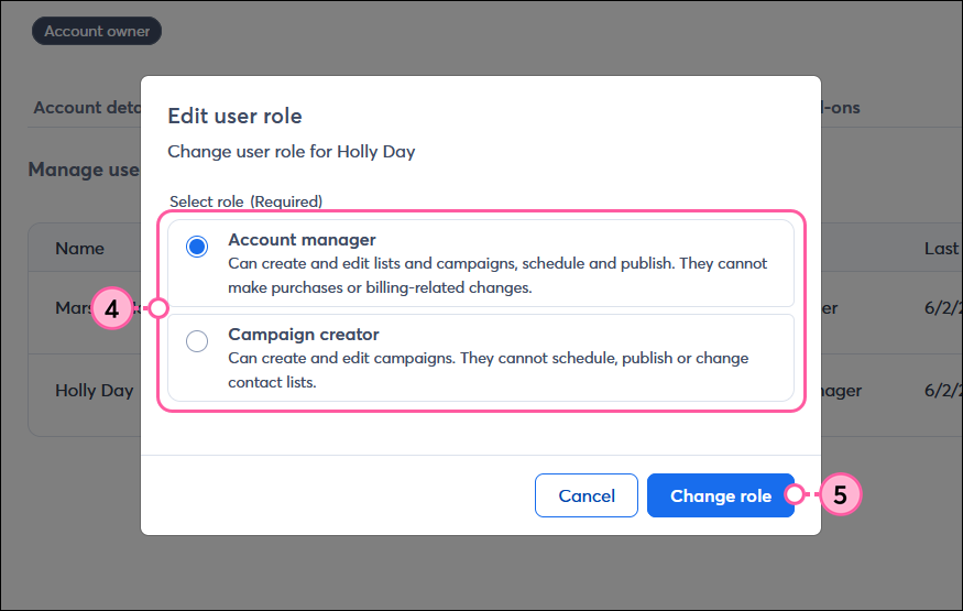 Edit User Role overlay with Account Manager and Campaign Creator options, and Change Role button