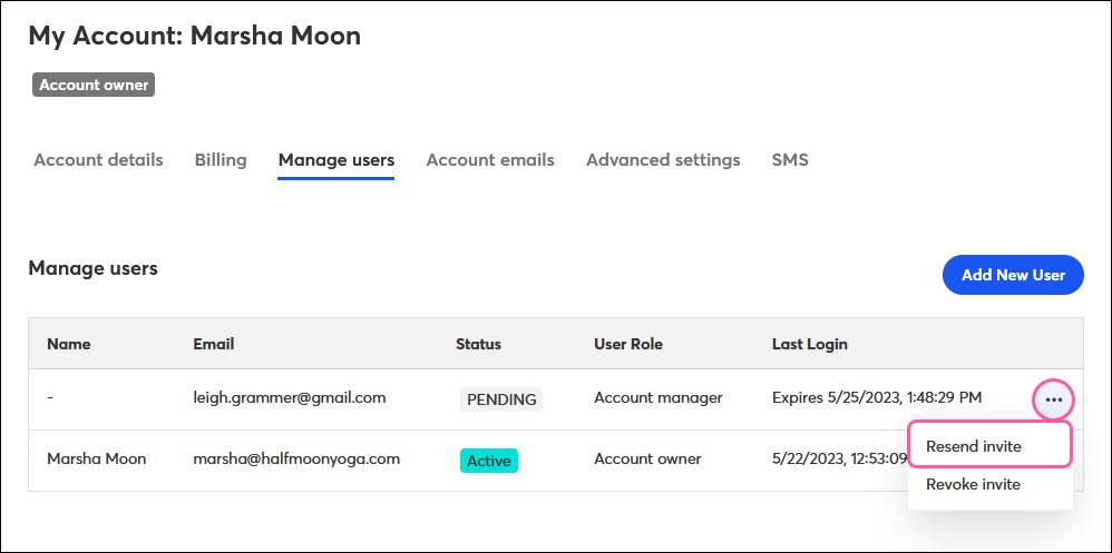 My Account, Manage Users tab, Resend Invite option
