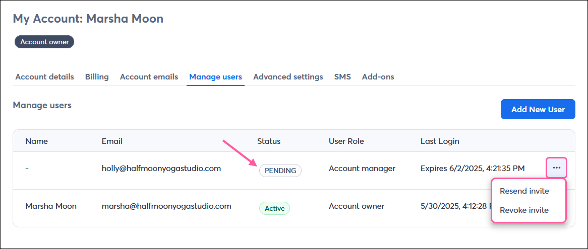 Manage Users page with Pending user and More drop-down with Resend Invite and Revoke Invite options