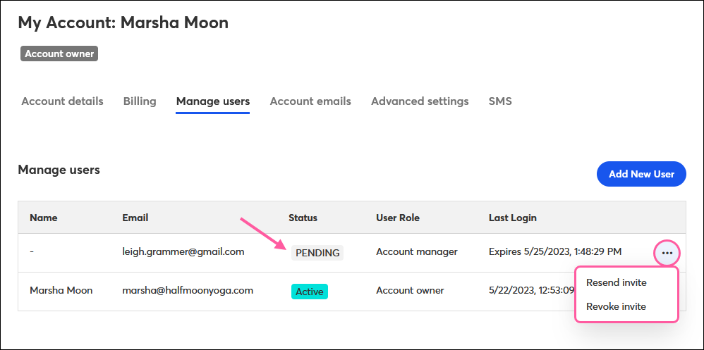 Manage Users page with Pending user and More drop-down with Resend Invite and Revoke Invite options