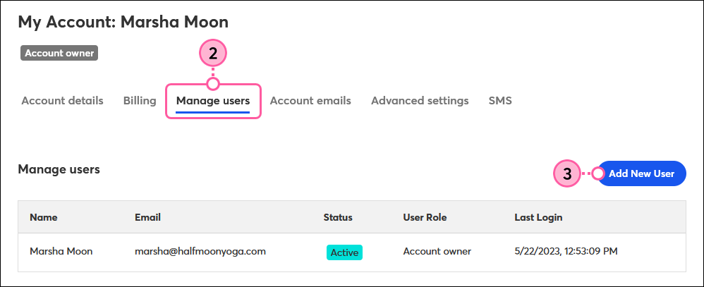 My Account, Manage Users tab, and Add New User button