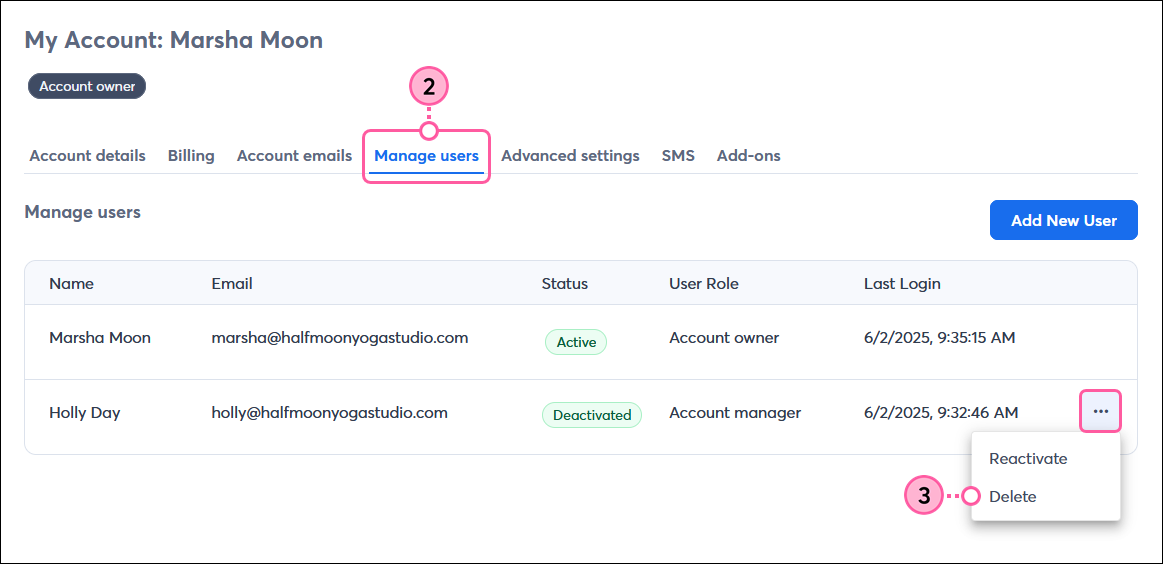 Manage Users tab, More drop-down and Delete option