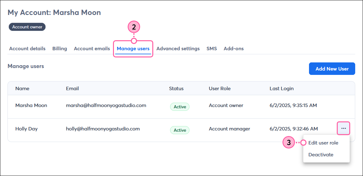 Manage Users tab, More drop-down and Edit User Role option