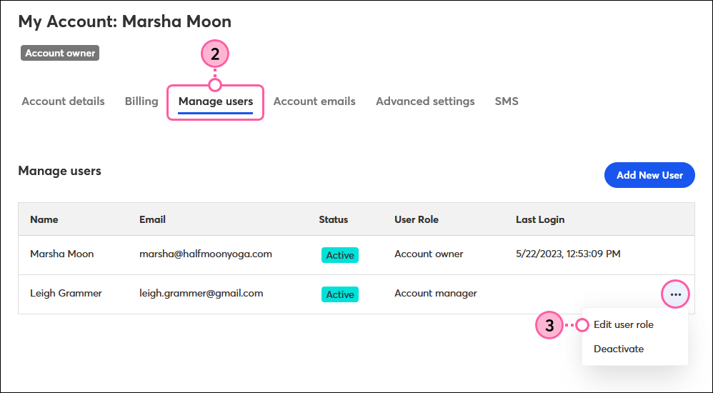 Manage Users tab, More drop-down and Edit User Role option