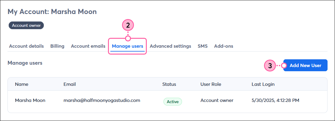 My Account, Manage Users tab, and Add New User button