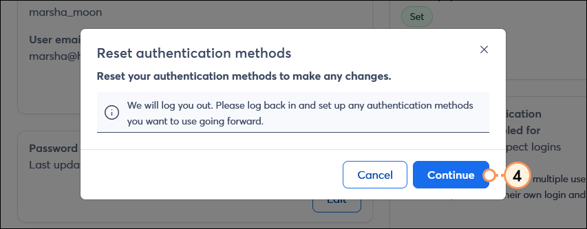 Logout confirmation and Continue button