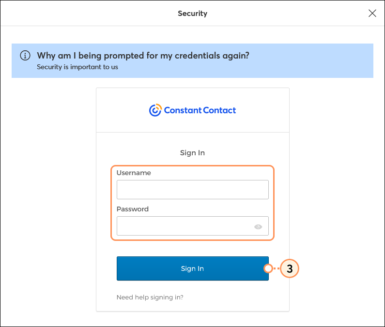 Nombre de usuario de inicio de sesión de Constant Contact, contraseña y botón Sign in (Iniciar sesión)