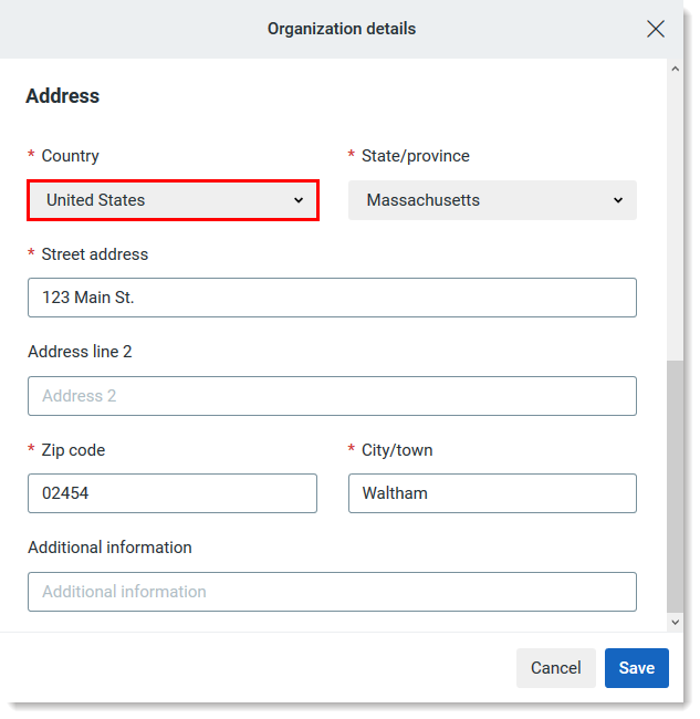 Organisationsdetails mit Länder-Dropdown