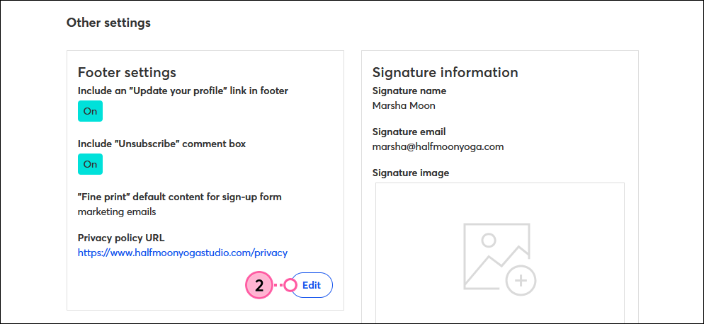 My Account page, Footer Settings section, and Edit button