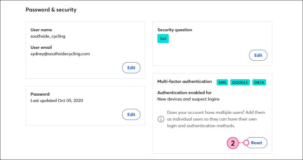 Password and Security section, Multi-Factor Authentication section and Reset button