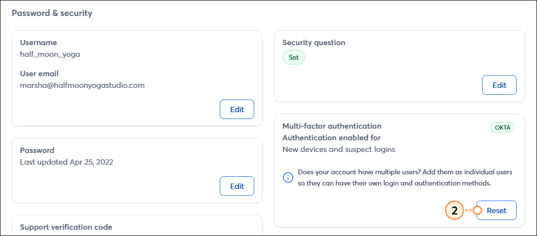 Password and Security section, Multi-Factor Authentication section and Reset button