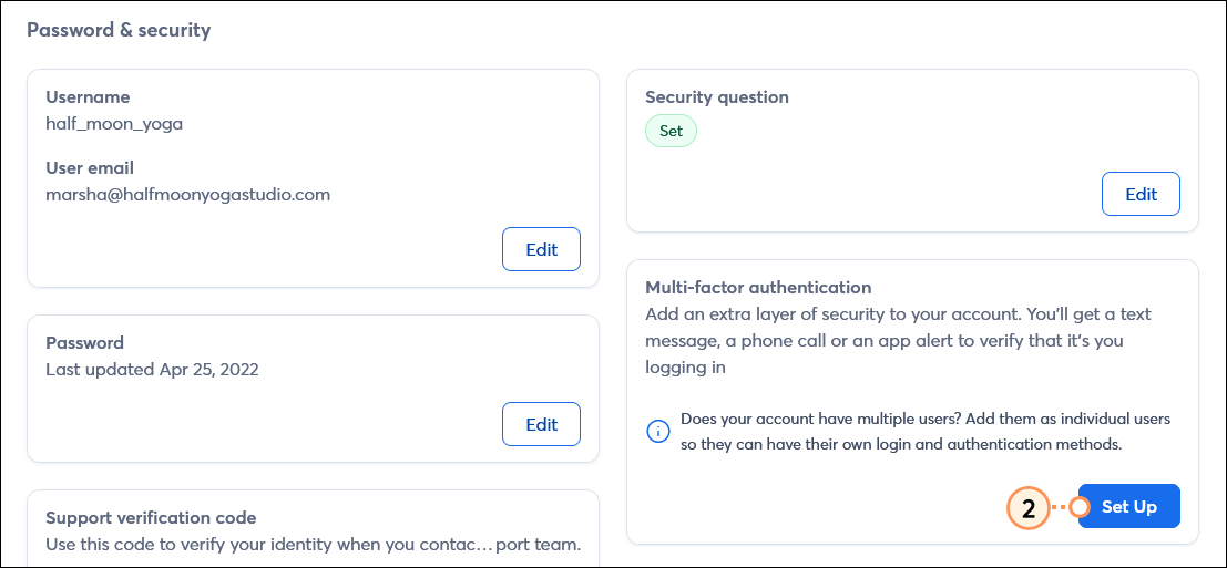 Password and Security section, Multi-Factor Authentication section and Setup button
