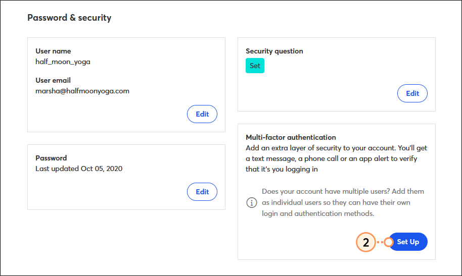 Sección (Password and Security) Contraseña y Seguridad, sección Multi-Factor Authentication (Autenticación por múltiples factores) y botón Setup (Configurar)