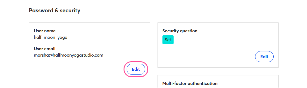 Password & Security section, User Name and User Email, and Edit button
