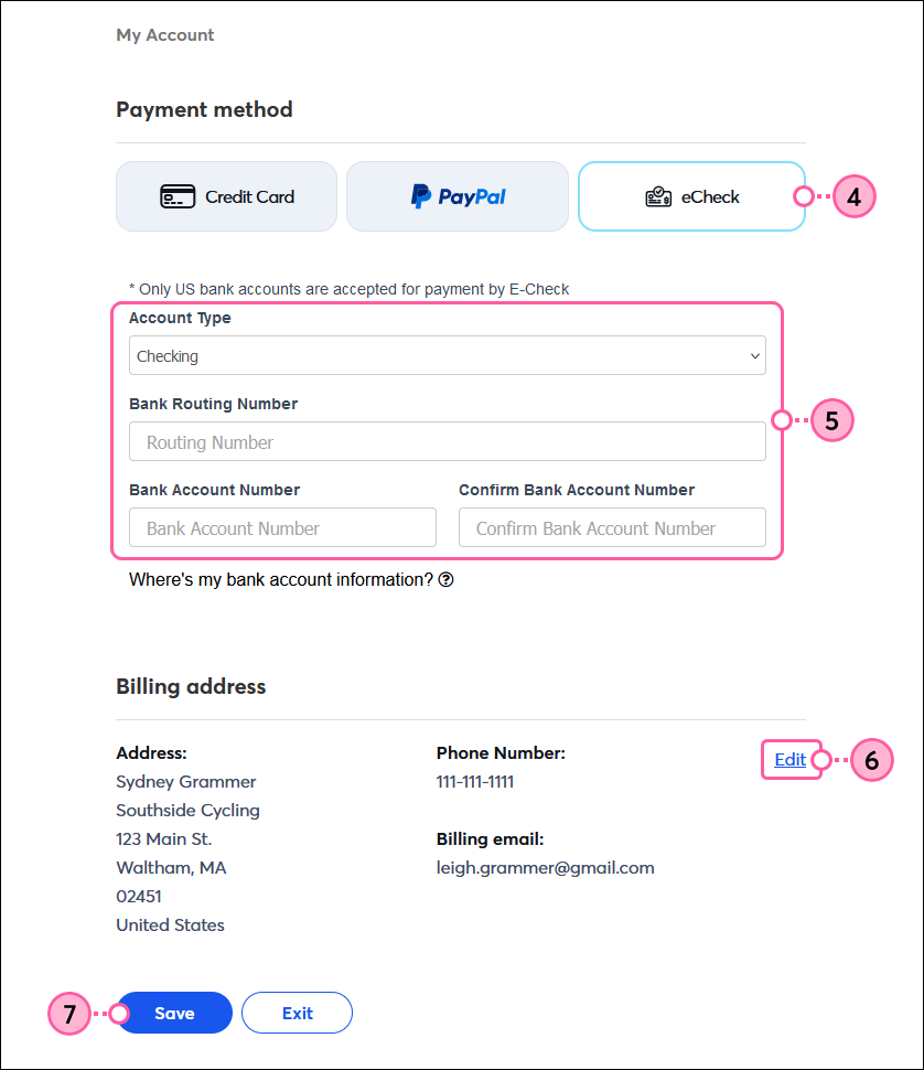 Echeck payment option, Bank account fields, Billing address with Edit button, and Save button