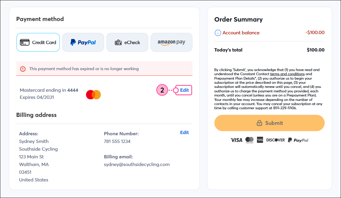 Payment Method, Credit Card option, Edit