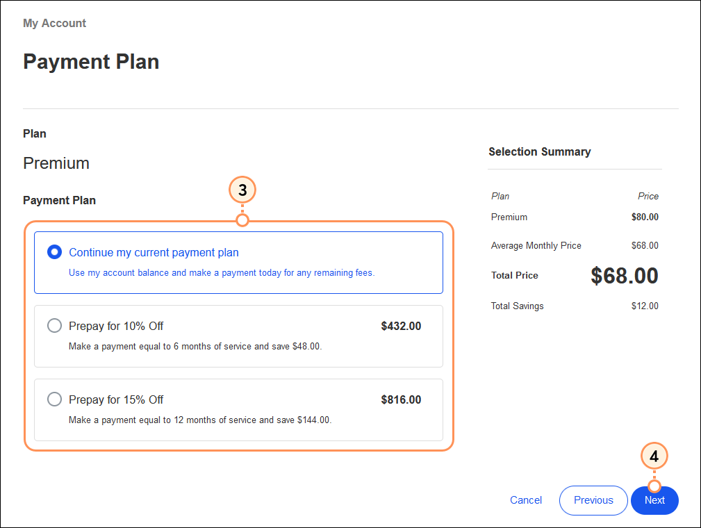 Payment Plan page with Payment Plan options, Selection Summary, and Next button