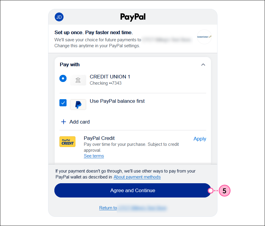 PayPal payment methods to select and Agree and Continue button