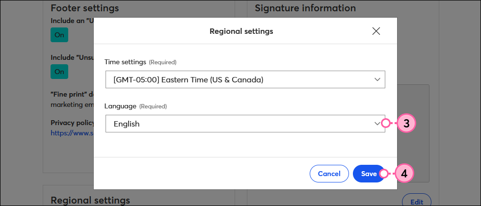 Regional Settings options, Language drop-down, and Save button
